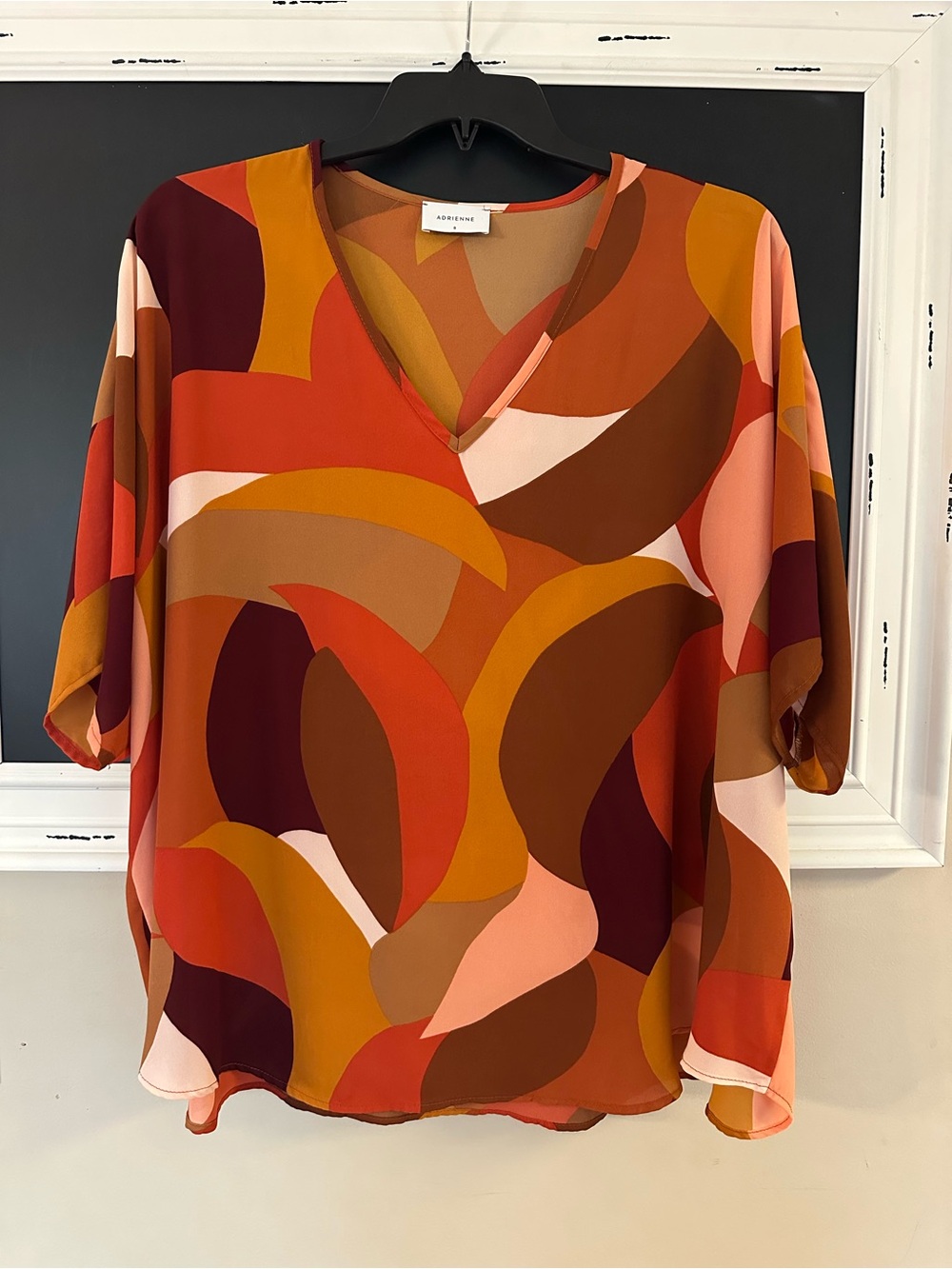 Adrienne Oversized Abstract Geometric V-Neck Blouse S M L